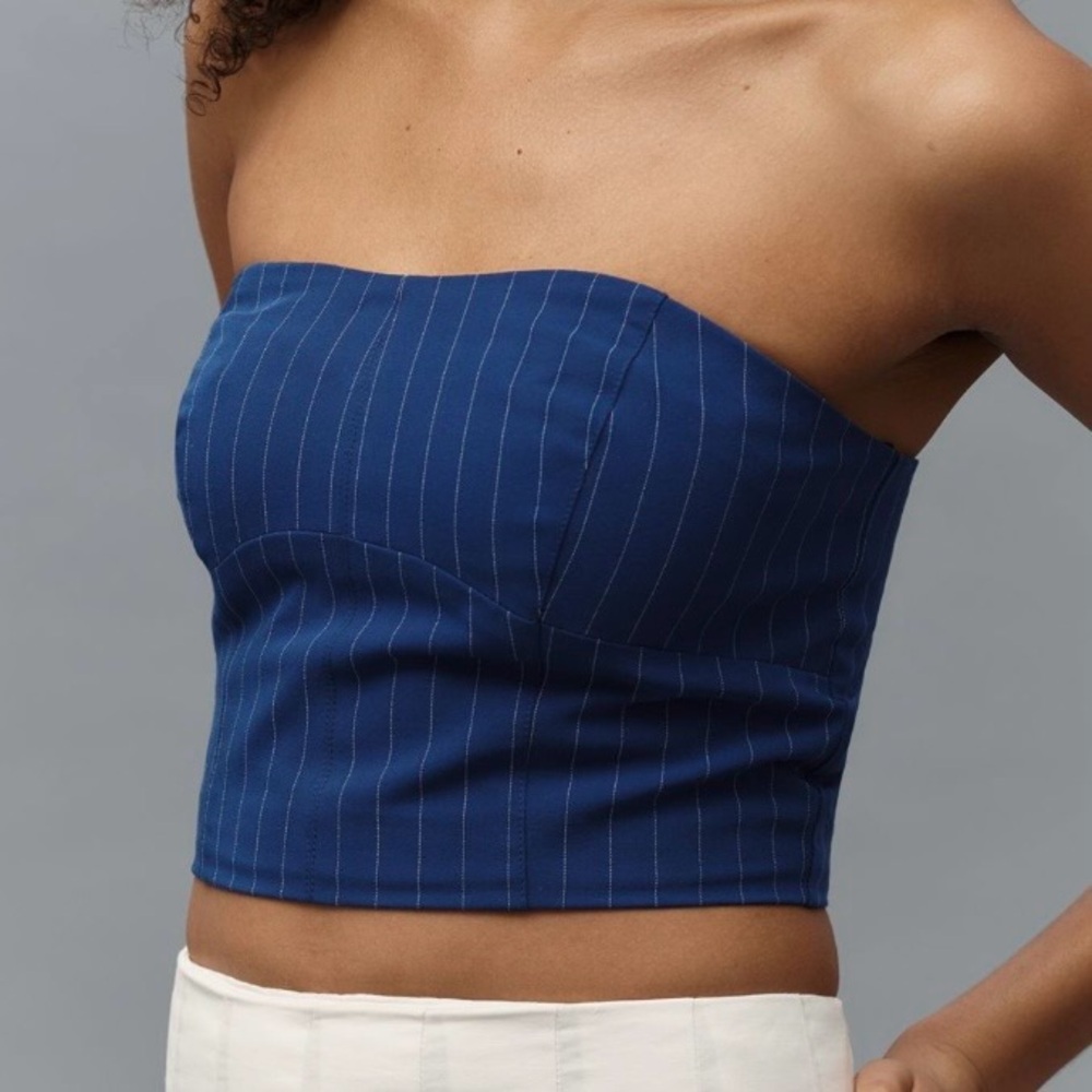 🟠NWT WALTER BAKER at ANTHROPOLOGIE Tanvi Bustier Top - Royal Blue Pinstripe XL